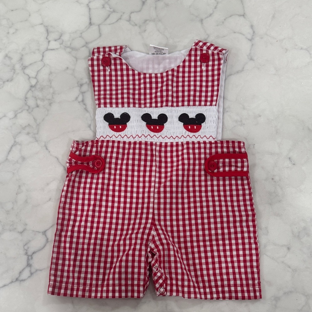 Red Gingham Baby Romper with Mickey Mouse Design